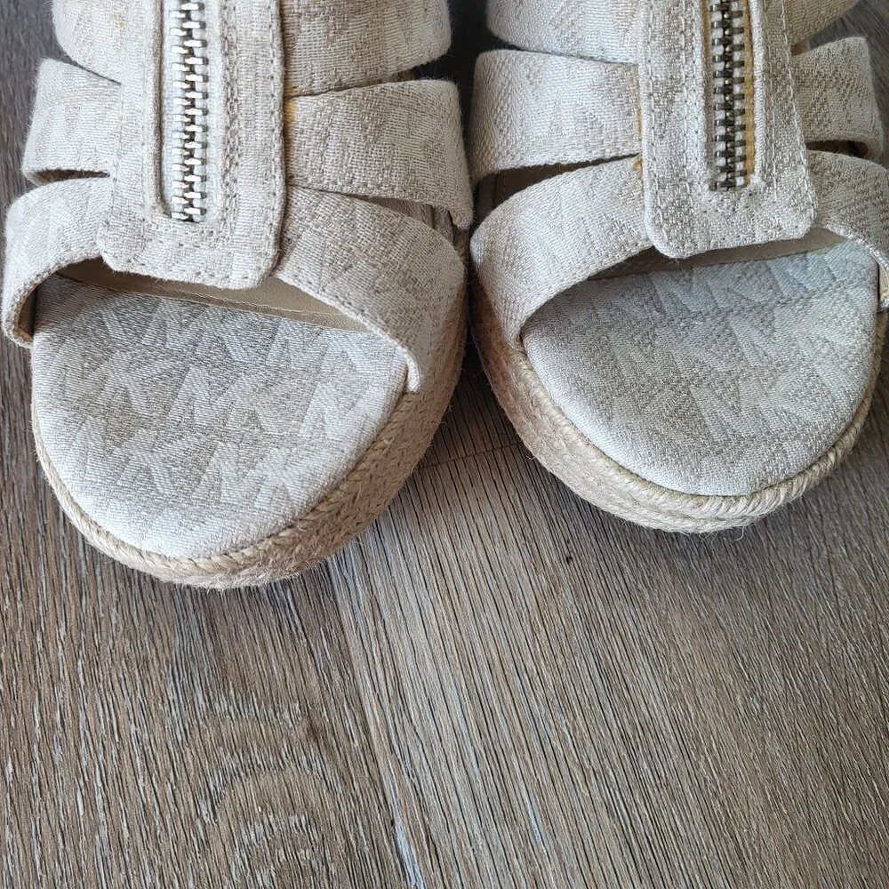 Michael Kors Berkley Platform Wedge Sandal MK Logo Cream Canvas Size 7